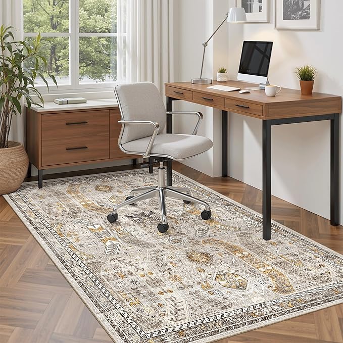 Madane Area Rug 4x6 Washable Rugs: Vintage Living Room Rug Soft Low Pile Non Slip Area Rugs Distressed Indoor Floor Carpet for Bedroom Kitchen Dining Room Home Decor, Brown/Gold