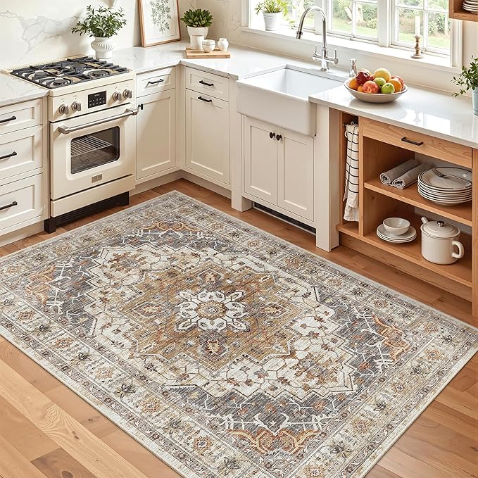 Madane Area Rug 3x5, Washable Vintage Entryway Rugs for Bedroom Non Slip Indoor Kitchen Runner for Living Room Laundry Room Playroom Soft Non-Slip Floor Carpets, Turmeric/Grey