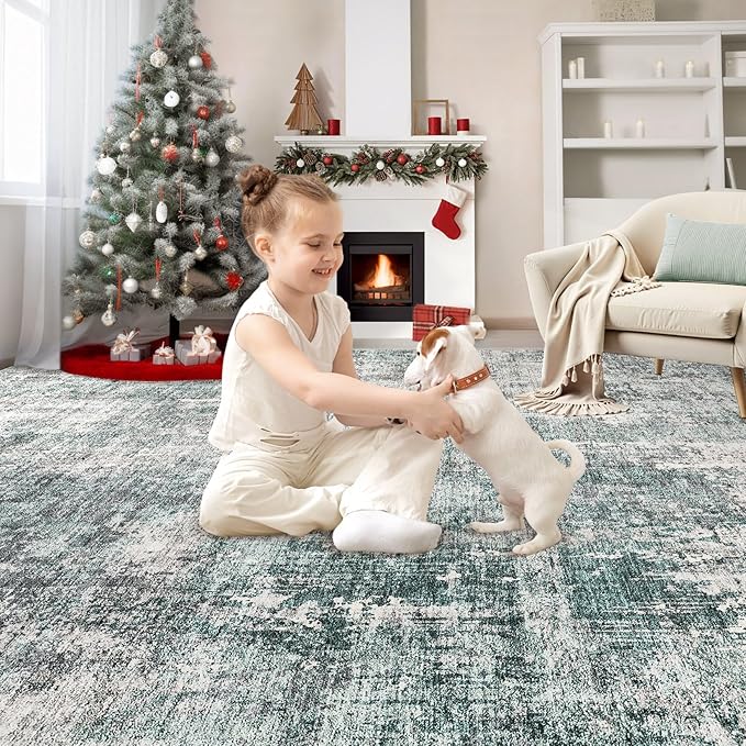UERMEI 10x12 Area Rug Living Room Rugs - Washable Neutral Modern Abstract Soft Thin Large Rug Indoor Floor No Slip Rug Carpet for Bedroom Under Dining Table Home Office Decor - Green/Grey