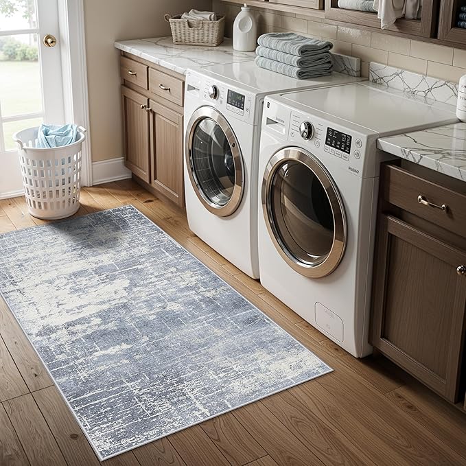 Washable 2x4 Kitchen Area Rugs: Abstract Stain-Resistant Sink Rug Non-Slip Durable Doormat Ultra Soft Bedroom Nursery Besides Carpets Indoor Water Resistant Bathroom Floor Mat(2x4,Blue/Ivory)