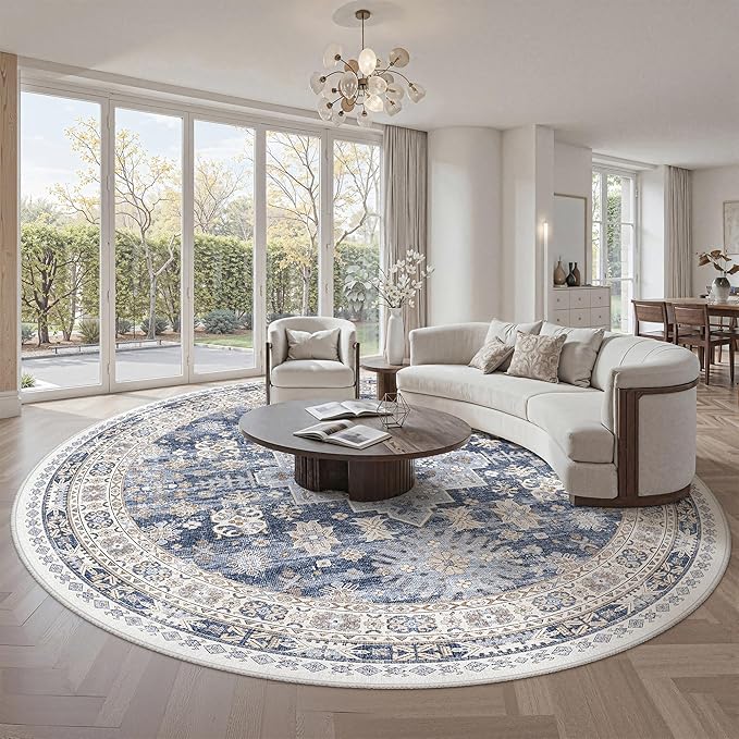 zesthome 8ft Round Rugs for Living Room, Non-Slip Washable Round Area Rugs, Ultra-Thin Large Circle Rugs, Soft Low Pile Rug for Bedroom, Kitchen - Vintage Stain Resistant Round Rug (Blue/Beige,8'x8')