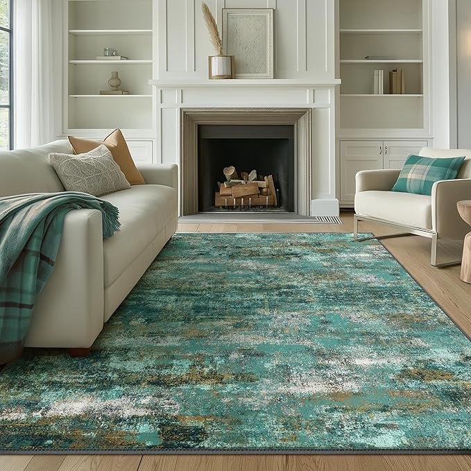 Area Rugs 5x8 for Living Room Bedroom, Modern Abstract Machine Washable Rug, Large Soft Low Pile Floor Carpet with Non Slip Backing for Dining Room, Turquoise