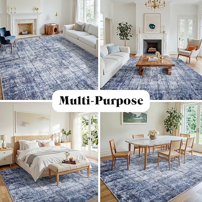 9x12 Area Rugs for Living Room Washable Rug: Anti-Skid Abstract Modern Living Room Rug Soft Thin Carpets Indoor Floor Non-Shedding Carpet for Bedroom Dining Farmhouse Nursery Navy Light Gray