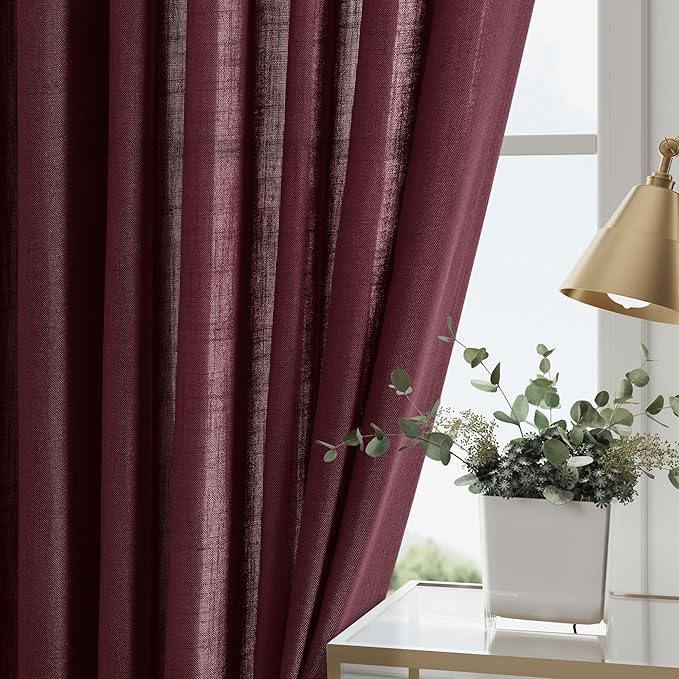 Nanspring Burgundy Linen Curtains 84 Inch Length 2 Panels Set for Living Room Rod Pocket Back Tab Light Filtering Window Drapes for Bedroom Dining Room Protect Privacy Modern Farmhouse Decor 52x84