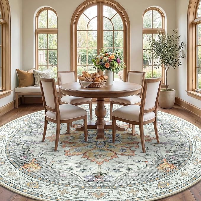 RELEANY Area Rugs 8ft Washable Non-Slip, Floral Vintage Distress Print Pattern Medallion Carpet for Living Room Bedroom Dining Room, Light Yellow Carbon Grey Orange