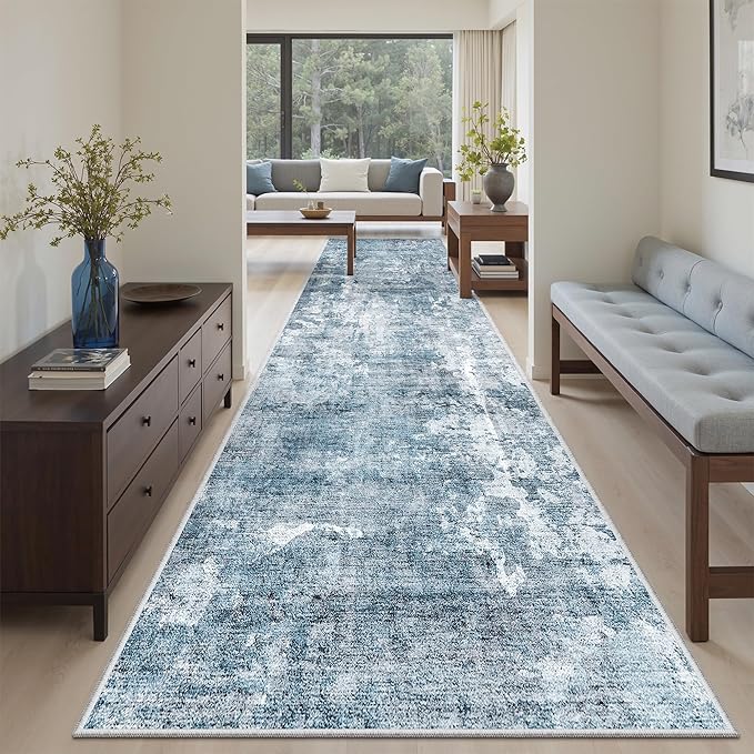 Runner Rug 3x10 Washable Non-Slip Hallway Runner Rugs for Kitchen Bathroom Laundry Room Blue/Grey Vintage Floor Carpet Runners for Hallways Entryway