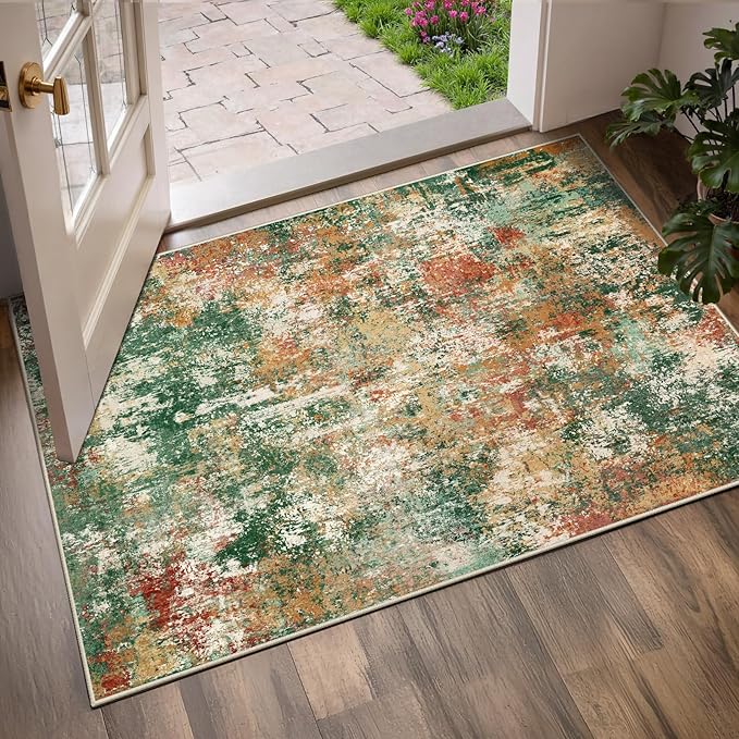 Washable Area Rugs 3'x5' Non-Slip Modern Abstract Soft for Living Room Entryway Bedroom Nursery, Print Pattern, Green Orange Rust Red Cream Colorful