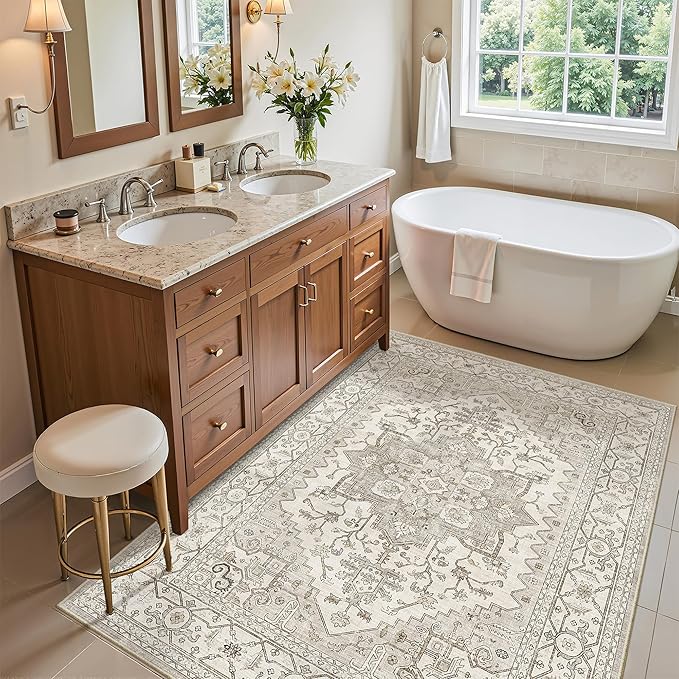 Madane Washable Entry Rug 3x4, Area Rugs for Entryway Kitchen Bathroom Door Mat Indoor Entrance, Vintage Floral Print Office Runner with Non Slip Rubber Backing, Beige/Brown