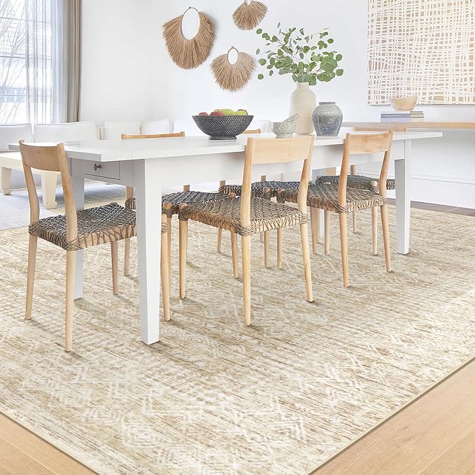 6x9 Area Rugs for Living Room: Washable Moroccan Geometric Boho Rug Farmhouse Non Slip Stain Resistant Large Rug Low Pile Soft Carpet for Bedroom Dining Room Home Office Children Room (Beige,6'x9')