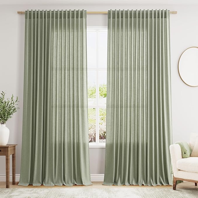 Extra Wide 100x96 Inch Linen Curtains for Living Room Divider Light Filtering Semi Sheer Patio Curtains for Sliding Door Sage Green Coastal Decor Sunroom Floor to Ceiling Window Curtain Panel