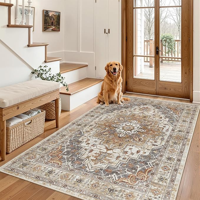 Madane Area Rug 4x6 Washable Rugs: Vintage Living Room Rug Soft Low Pile Non Slip Area Rugs Distressed Indoor Floor Carpet for Bedroom Kitchen Dining Room Home Decor, Turmeric/Grey