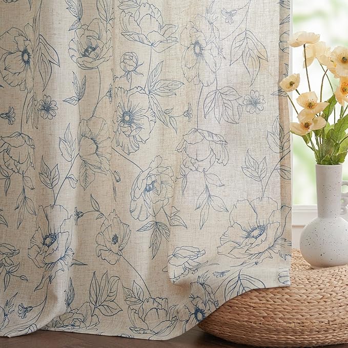 jinchan Floral Linen Curtains for Living Room 96 Inch Length Blue Flower Curtain Rod Pocket Back Tab Farmhouse Curtains with Printed Floral Bedroom Window Curtain Set, 2 Panels Blue