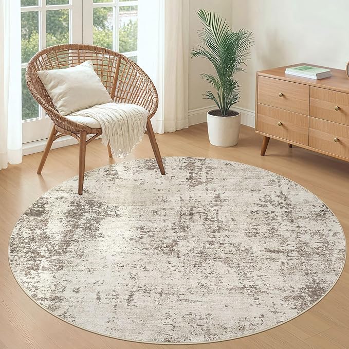 UERMEI 5ft Round Area Rug Living Room Rugs - 5x5 Washable Neutral Modern Abstract Soft Thin Rug Indoor Floor No Slip Rug Carpet for Bedroom Under Dining Table Home Office Decor - Golden Grey