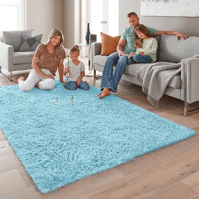 Ophanie 5x8 Light Blue Rugs for Living Room, Kids Nursery Rug Aesthetic, Playroom Area Rugs for Boys Girls Teen Home Decor, Fluffy Fuzzy Soft Plush Shaggy Bedside Floor Bedroom Carpet for Teen