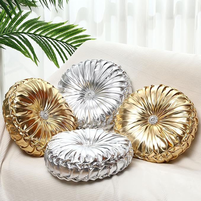 Kathfly Set of 4 Decorative Round Pleated Throw Pillows, Classy Velvet Pumpkin Round Throw Pillows, Decorative Floor Pillow for Bed Chair Home Sofa Decor, 14" Diameter(Gold and Silver)