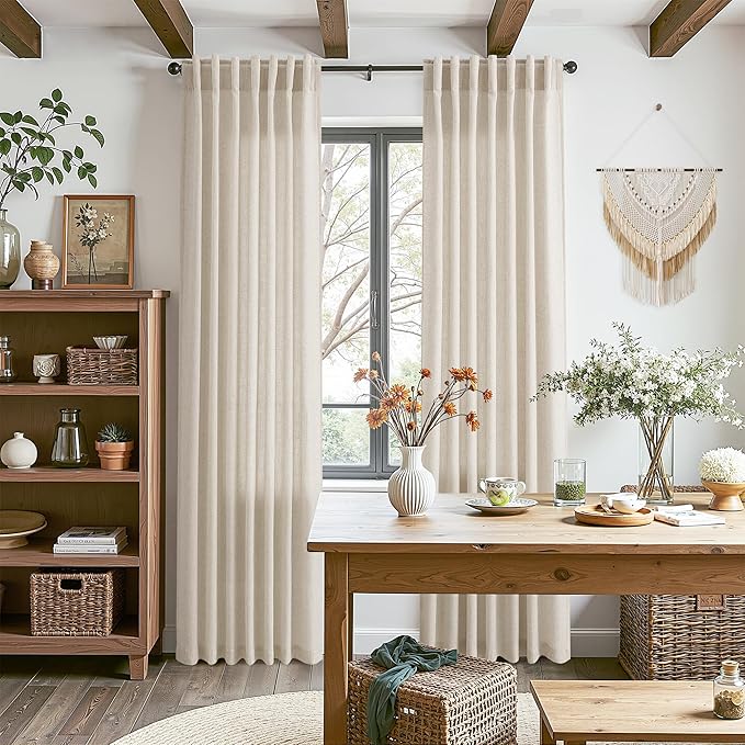 Boho Linen Curtains for Living Room 105 Inches Long Light Filtering Semi Sheer Curtain Back Tab Boho Eclectic Home Decor Elegant Luxury Farmhouse Drapes for Bedroom Dinner Room 52x105, 2 Panels