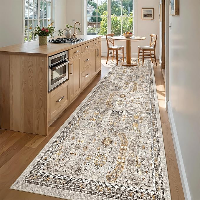 Madane Hallway Rug 3x10, Kitchen Rugs Washable Entryway Rug Vintage Kitchen Runners Non Slip Indoor Area Rug Farmhouse Carpet Runner for Bathroom Living Room Bedroom, Brown/Gold