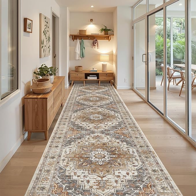 Madane Hallway Runner 3x14 - Runner Rugs 14ft Washable Entryway Rug Vintage Kitchen Runners Non Slip Indoor Area Rug Farmhouse Carpet Runner for Bathroom Living Room Bedroom, Turmeric/Grey