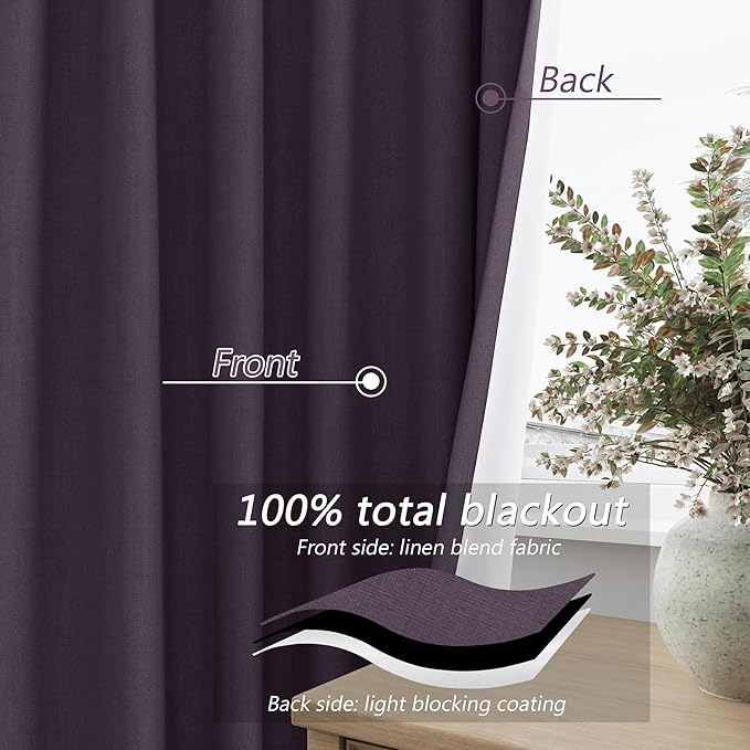 Guken 100% Blackout Curtains 102 Inch Length 2 Panels Set for Living Room Bedroom Back Tab Thermal Insulated Black Out Linen Drapes Room Darkening Window Curtains 102 Inches Long,Plum