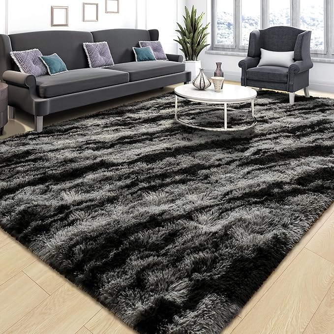 Tepook Area Rugs 9x12 for Living Room, Super Soft Fluffy Rugs for Bedroom, Modern Shaggy Rug Fuzzy Carpets for Kids, Plush Indoor Nursery Home Decor Rug with Non-Slip Bottom, Black Grey