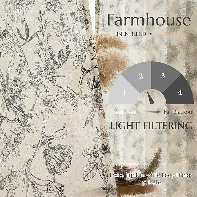 jinchan Floral Curtains 90 Inch Length Black Flower Linen Farmhouse Curtain for Living Room French Country Vintage Curtain Rod Pocket Curtains Set 2 Panels Balck Floral Printed