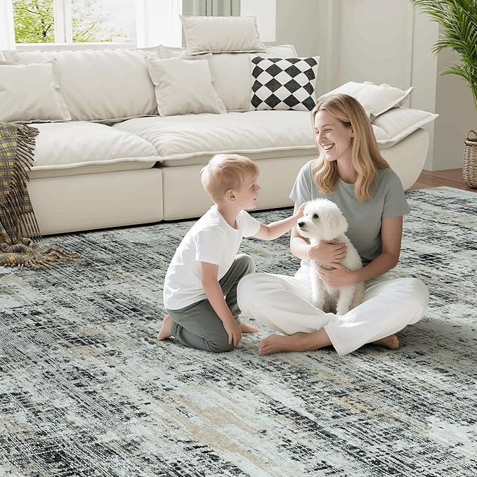 8x10 Area Rugs for Living Room Washable Rug: Anti-Skid Abstract Modern Living Room Rug Soft Thin Carpets Indoor Floor Non-Shedding Carpet for Bedroom Dining Farmhouse Nursery Black Gray Gold