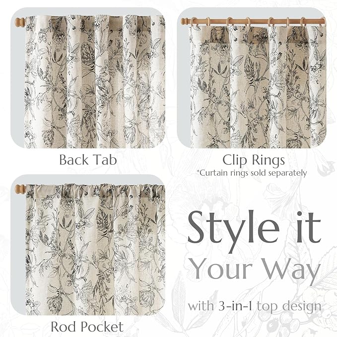 jinchan Floral Curtains 108 Inch Length Black Flower Linen Farmhouse Curtain for Living Room French Country Vintage Curtain Rod Pocket Curtains Set 2 Panels Balck Floral Printed