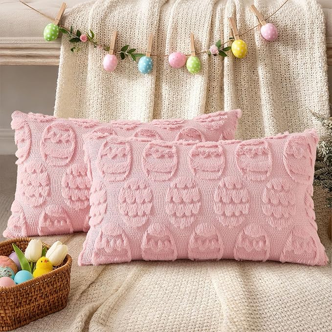 decorUhome Easter Pink Egg Pillow Covers 12x20 Inch Set of 2, Soft Plush Faux Wool Jacquard Cushion Covers, Farmhouse Neutral Fuzzy Spring Easter Holiday Decor for Couch Sofa Bed