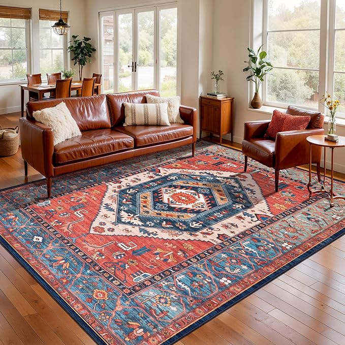 SERISSA 6x8 Area Rugs for Living Room, Large Washable Non-Slip Boho Rug, Ultra Soft Vintage Rust Oriental Tribal Print Distressed Carpet for Bedroom Dining Room Dorm Office Home Decor