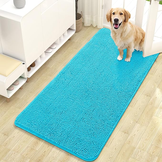 OLANLY Dog Door Mat for Muddy Paws 47x24, Absorbs Moisture and Dirt, Absorbent Non-Slip Washable Doormat, Quick Dry Chenille Mud Mat for Dogs, Entry Indoor Entryway Carpet for Inside Floor, Aqua Blue