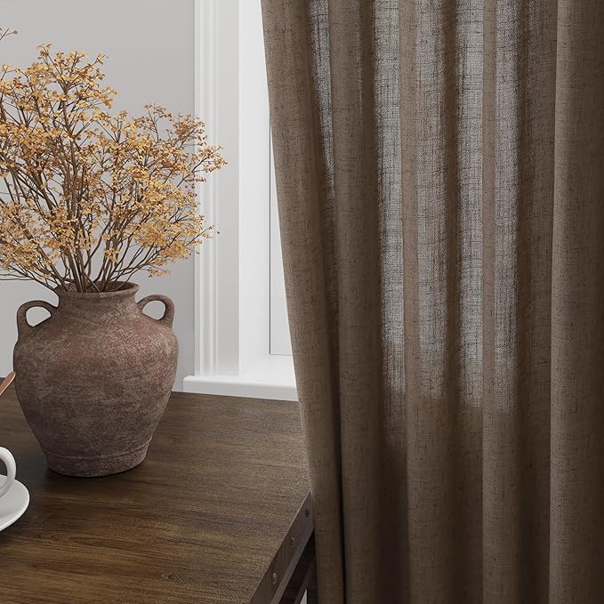 Nanspring Light Brown Semi Sheer Linen Curtains 72 Inch Length for Living Room Back Tab Rod Pocket Modern Farmhouse Coastal Decor Cotton Textured Gauze Curtains 72 Inches Long for Dining Room Office