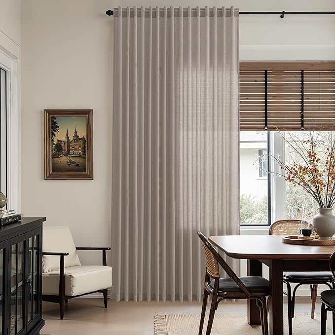 Nanspring Stone Beige Linen Curtains for Living Room 108 Inches Long Simple Modern Light Filtering Semi Sheer Curtain Back Tab Farmhouse Floor to Ceiling High Window for Bedroom 52x108, 2 Panels