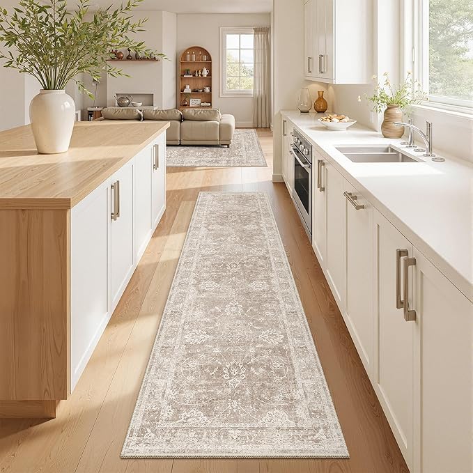 Madane Runner Rug 2x8 for Hallway, Kitchen Non-Slip Runner Rug with Rubber Backing, Vintage Soft Low Pile Throw Neutral Carpet Runner for Laundry Room Entryway Bathroom Bedroom (2 x 8, Brown/Sand)