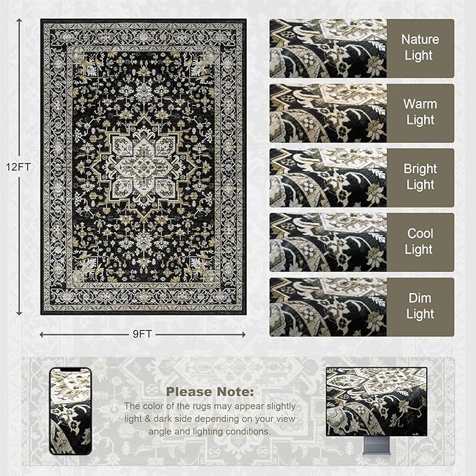 Area Rugs 9x12 Living Room Rug: Washable Rug Soft Vintage Boho Medallion Carpet Indoor Non-Slip Stain Resistant Large Carpets for Bedroom Dining Room Farmhouse Nursery Home Office Black Gold