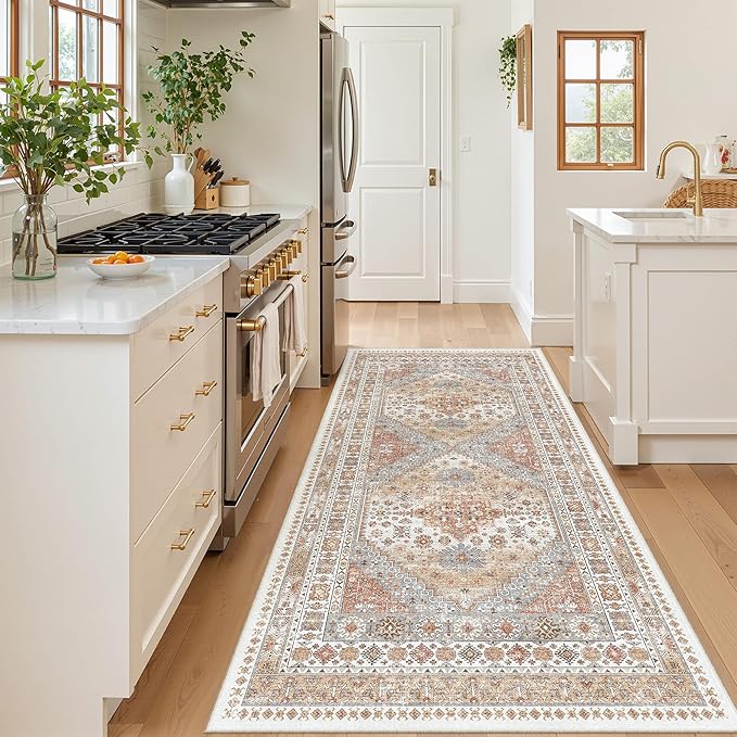 4x8 Rug for Bedroom,Wide Runner Rug for Hallway, Non Slip Washable Runner Rug for Living Room, Low Pile Soft Entryway Kitchen Rug, Vintage Home Decor Mat for Dining Room(Orange,4'x8')