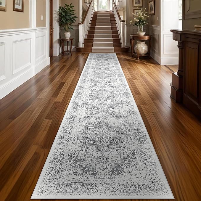 Hallway 2'6''x16' Runner Rug - Non-Slip Vintage Long Rug for Entryway Low-Pile Washable Medallion Runner Rugs for Hallway Waterproof Traditional Runner Rug Indoor Thin Rug for Kitchen (Grey)