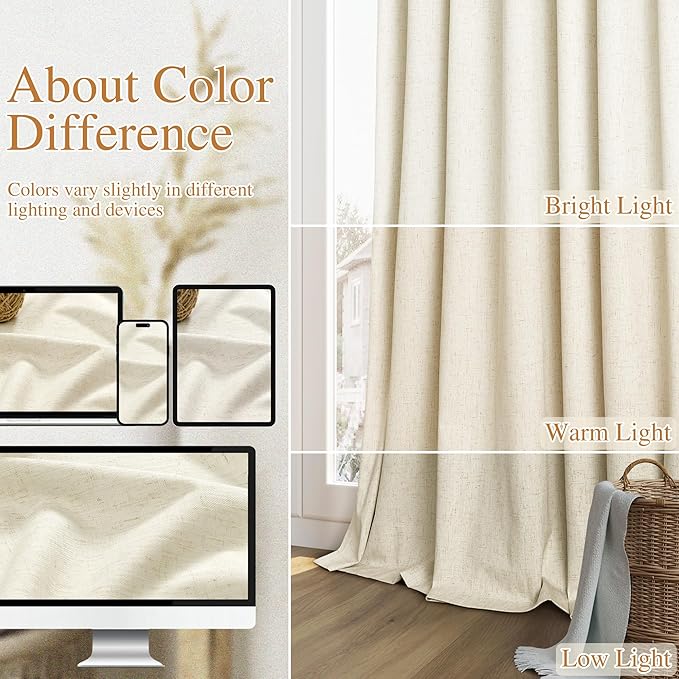 Warm Beige 100% Blackout Linen Curtains 84 Inch Length 2 Panels Set for Living Room Bedroom Back Tab Thermal Insulated Black Out Drapes Room Darkening Farmhouse Style for Bedroom Window Curtains