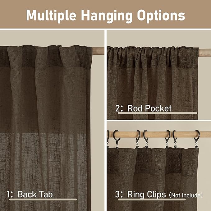 LAMIT Dark Brown Linen Curtains for Bedroom, 72 Inch Length Light Filtering Semi Sheer Panels Back Tab and Rod Pocket Neutral Drapes for Living Room, 2 Panels, 34 x 72 Inch