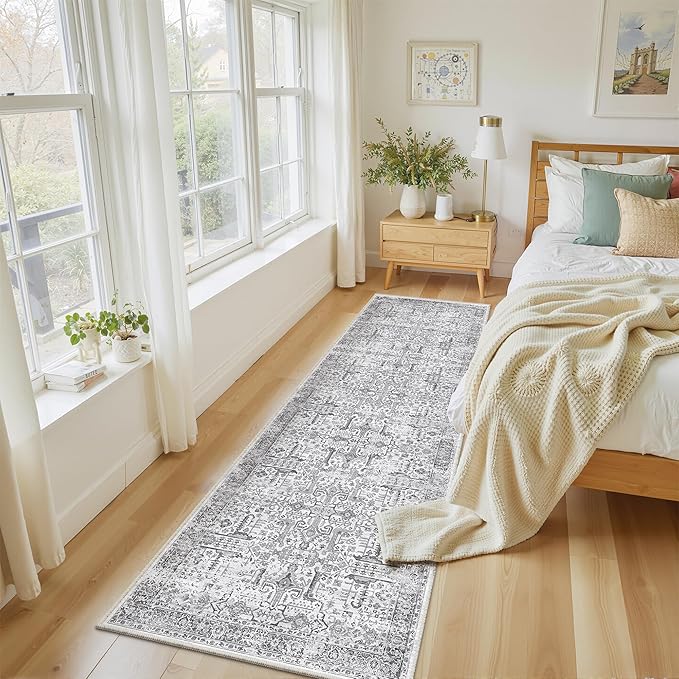 Washable 2x8 Runner Rug - Non Slip Vintage Kitchen Runner Rugs Low-Pile Distressed Long Rugs for Hallway Waterproof Indoor Carpet for Living Room Bedroom Entryway 2'x8' Grey