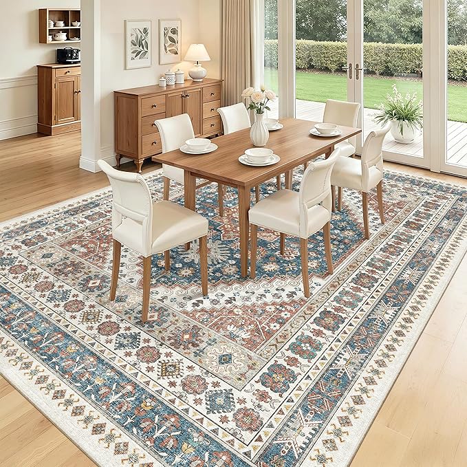 Madane Washable Rug 8x10 Area Rugs for Living Room, Ultra-Thin Non-Slip Backing Rug, Stain Resistant Vintage Large Area Rug for Bedroom (Navy Blue, 8'x10')