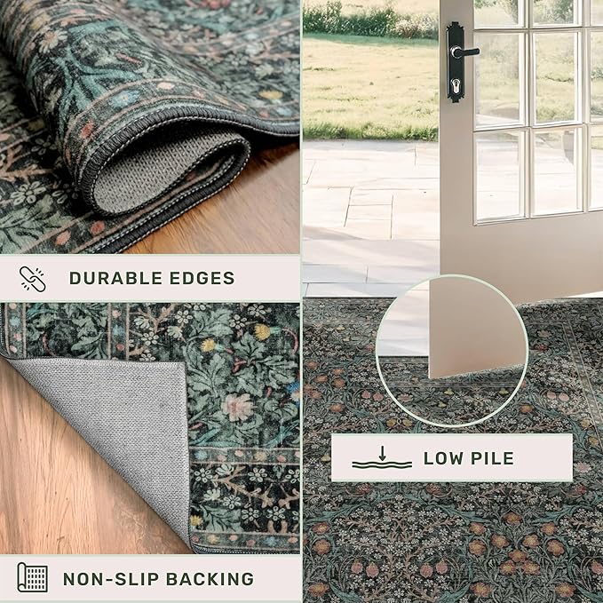 Dark Green Washable Entry Rug, 3x4 Rugs for Entryway Kitchen Bathroom Door Mat Indoor Entrance, Non Slip Rubber Backing, Stain & Fade Resistant, Vintage Floral Design