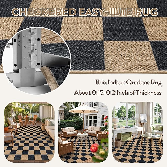 Lahome Colette Checkered Easy Jute 8x10 Rug, Washable Rugs for Living Room Office, Farmhouse Neutral Non Slip Non Shedding Stain Resistance Indoor Outdoor Carpet for Balcony Patio Classroom