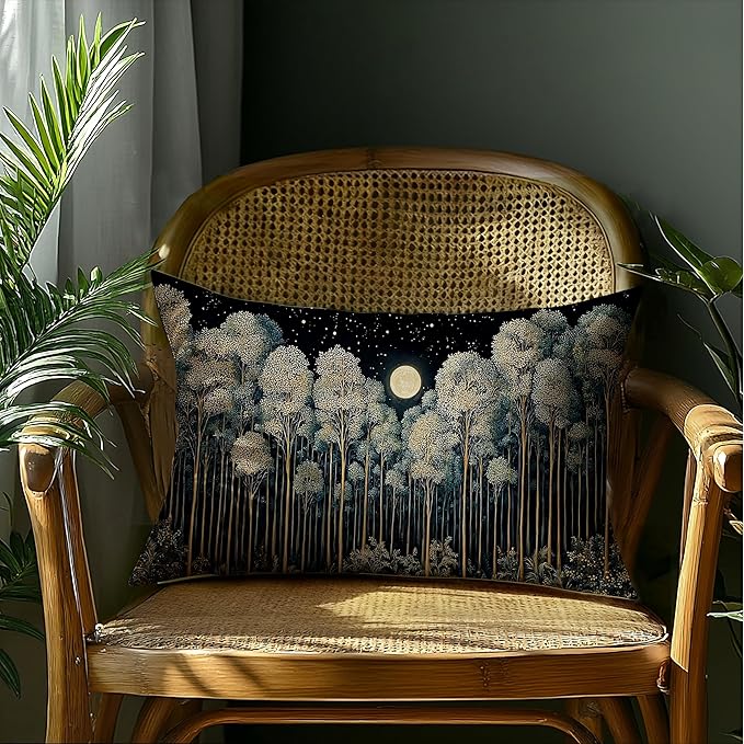 Rustic William Morris Inspired Night Forest Green Moon Pillow Covers 12x20 Double-Sided,Vintage Botanical Nature Landscape Decorative Throw Pillow Covers for Home Bedroom Living Room