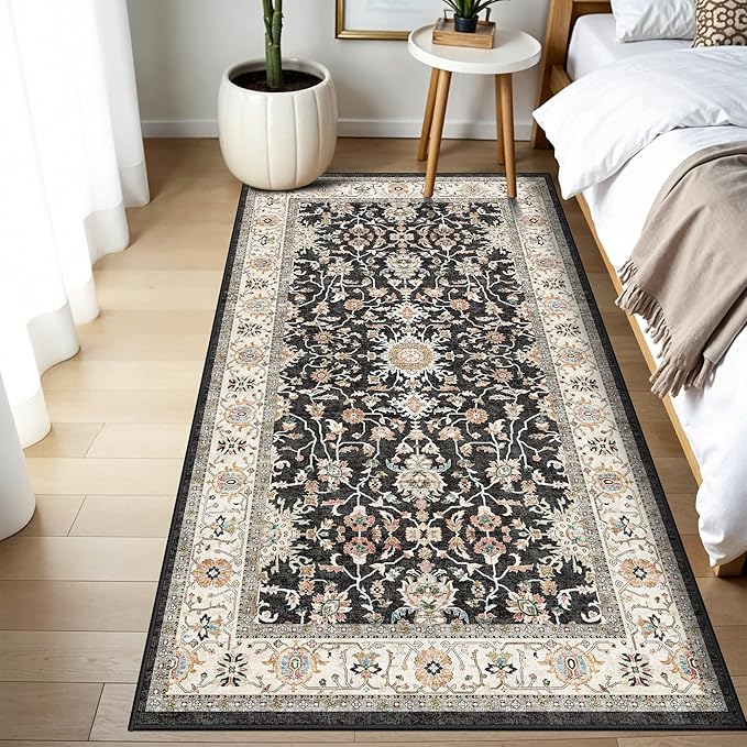 Washable 3x6 Hallway Runner Rug: Non-Slip Low Pile Rug for Hallway Kitchen Stain Resistant Soft Floor Mat Indoor Durable Lightweight Carpet for Bathroom Living Room Bedroom Entryway (Black, 3x6)