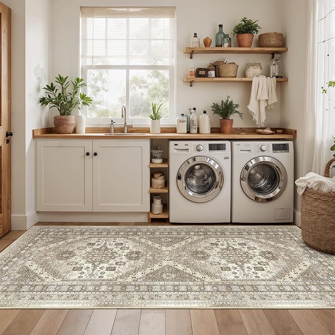 3x8 Runner Rug Non Slip Washable for Entryway, Front Porch, Vintage Hallway Runner for Laundry Room, Bedroom, Stain Resistant Thin Indoor Kitchen Mats for Floor(Brown,3'x8')
