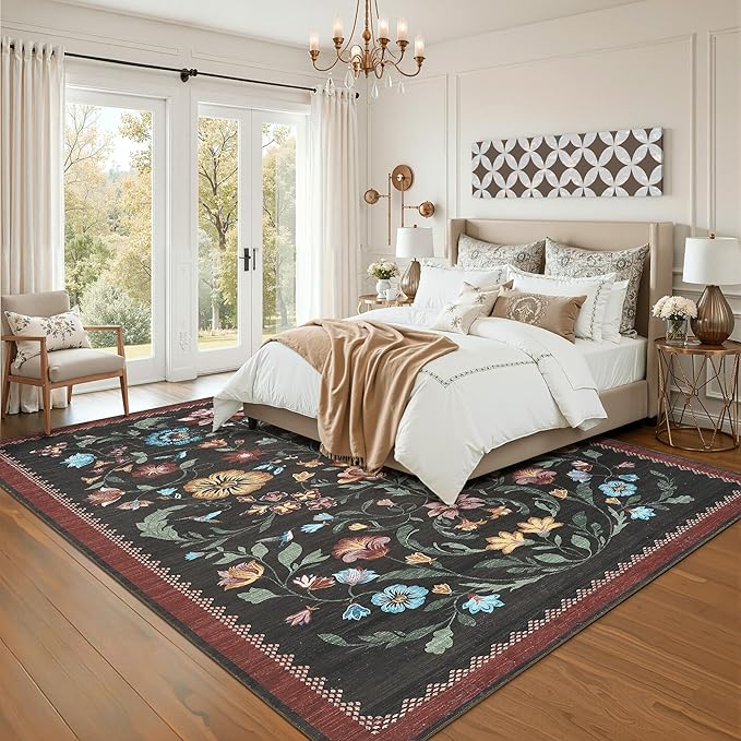 GarveeHome Washable Rug 8x10 Area Rugs for Living Room, Floral Rug for Bedroom, Soft Vintage Non Slip Throw Rugs with Rubber Back, Low Pile Stain Resistant Boho Floral Carpet for Dining Room, Red