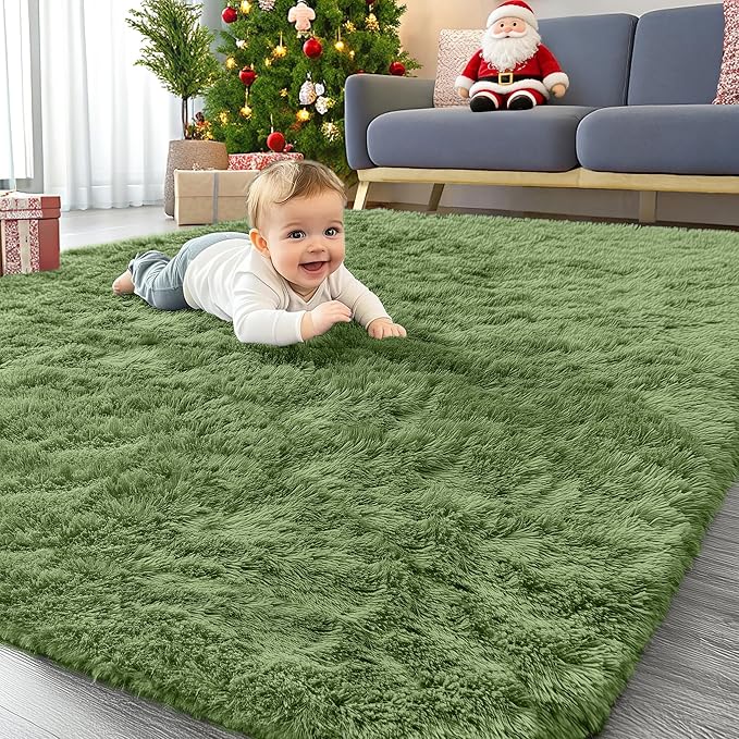 OLANLY Area Rugs for Living Room Bedroom, Machine Washable 4x5.9 ft Soft Fluffy Shaggy Bedside Rug, Indoor Floor Carpet for Kids Girls and Boys, Dorms, Nursery Rooms, Home Decor Aesthetic, Green