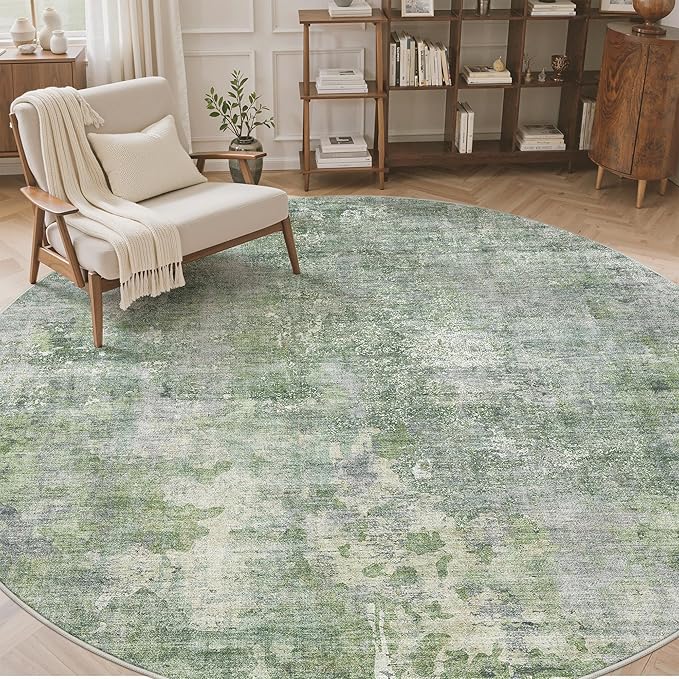 9x9 Green/Ivory Round Rug 9ft Living Room Circle Rug Vintage Round Area Rug Non Slip Indoor Carpet for Apartment