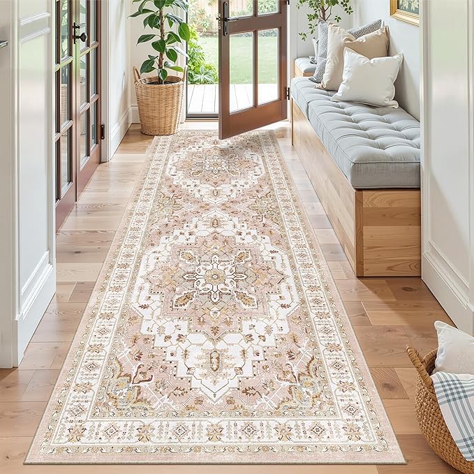 Madane Runner Rug 2'6''x8' Kitchen Runner, Hallway Runner Printed Vintage Washable Rugs Soft Non-Slip Low Pile Runners for Hallways Laundry Room Rug Distressed Rug, Pink