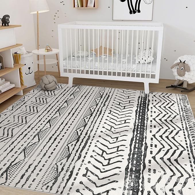 Nakagishi Black Rug for Living Room: 8x10 Washable Boho Large Neutral Soft Farmhouse Area Rugs Stain Resistant Modern Geometric Non-Slip Indoor Floor Carpet for Bedroom Playroom Office Dining Room